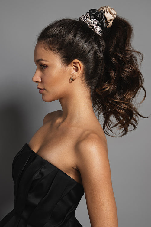 The Hair Edit Grand Ribbon Scrunchie Trio in models hair