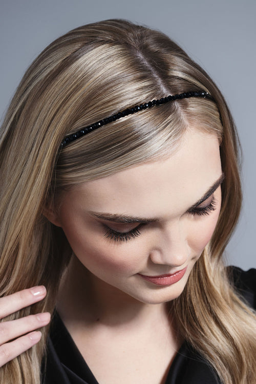 The Hair Edit Midnight Star Crystal Chaplet Slim Beaded Headband in models hair close up