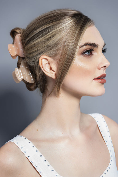 The Hair Edit Small Star Studded Rhinestone Claw Clips two pack in models hair