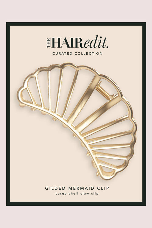 The Hair Edit Large Gold Gilded Mermaid Shell Claw Clip in packaging