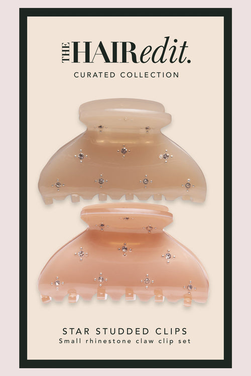 The Hair Edit Small Star Studded Rhinestone Claw Clips two pack in packaging