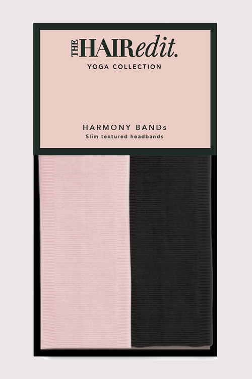 Packaging of 'The Hair Edit' yoga collection harmony bands in pink and black.