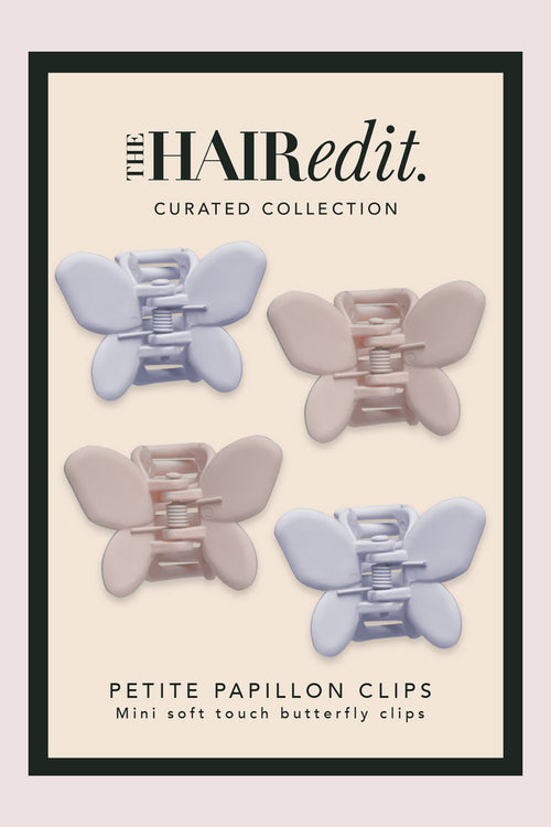 The Hair Edit Mini Butterfly Claw Clips in models hair in packaging