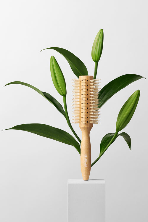 The Hair Edit Sleek Goddess Boar Bristle Bamboo Round Wood Brush on a white pedestal with plants