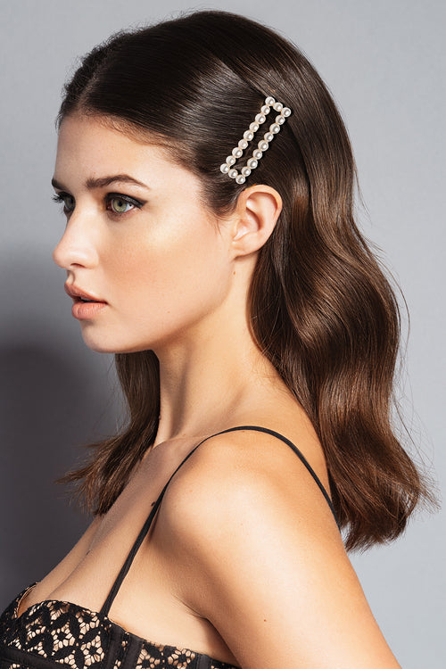 The Hair Edit Jeweled Square Pearl Hair Clip in brunette models hair