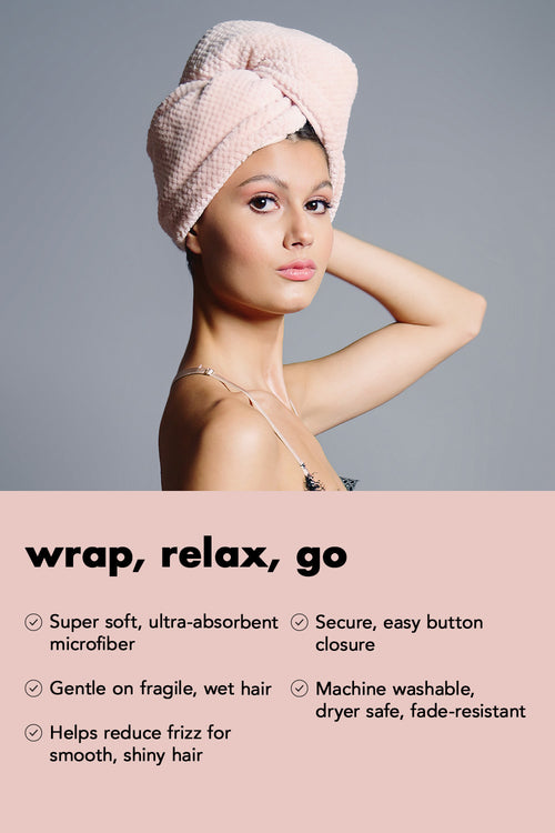 Woman wearing a pink towel on her head with product features listed below.