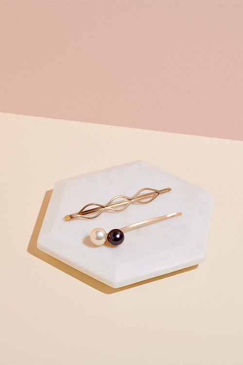 The Hair Edit Gold & Pearl Spherical Decorative Bobby Pin Set of 2 Hair Accessories on Hexagon Stone Display
