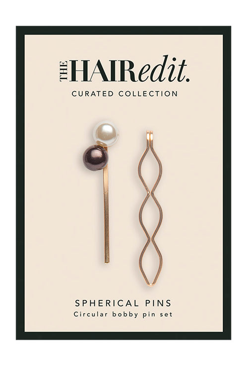 The Hair Edit Gold & Pearl Spherical Decorative Bobby Pin Set of 2 Hair Accessories in Packaging Frontal View