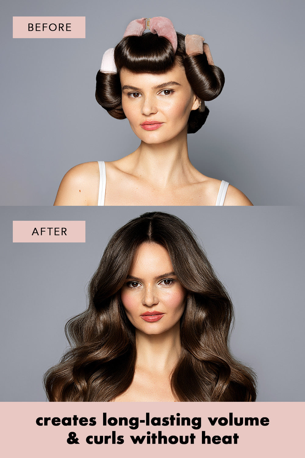 A before and after infographic of a brunette model with The Hair Edit Heatless Volumizing Hair Rods in her hair and then the results 2