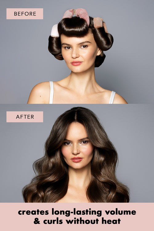 A before and after infographic of a brunette model with The Hair Edit Heatless Volumizing Hair Rods in her hair and then the results 