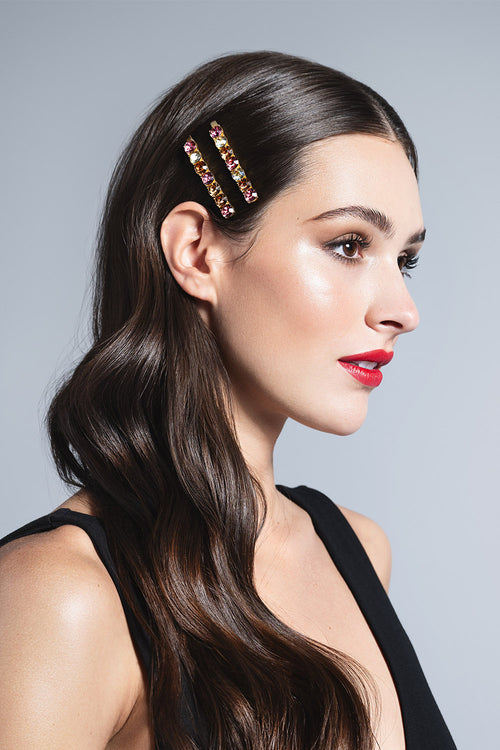 a brunette model with Glow On & Sparkle Gemstone Bobby Pins in her hair 