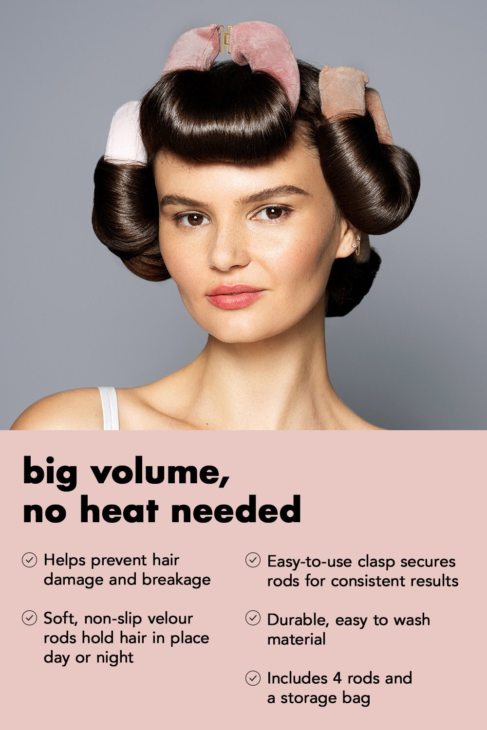 Woman with styled hair using hair rollers on a gray background and text under benefits text under it3