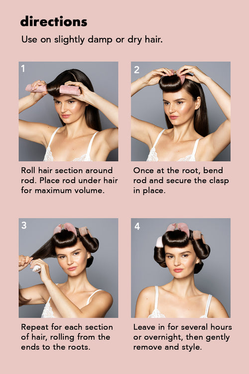 Step-by-step hair styling guide with a woman demonstrating the process on a pink background.