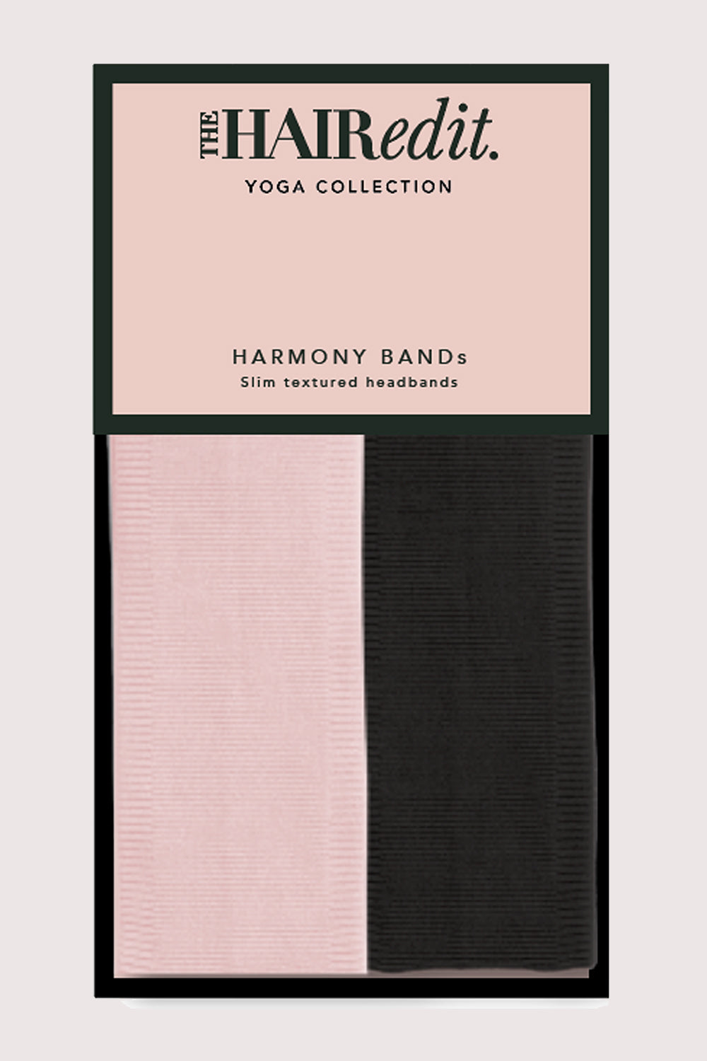 Packaging of 'The Hair Edit' yoga collection harmony bands in pink and black.6