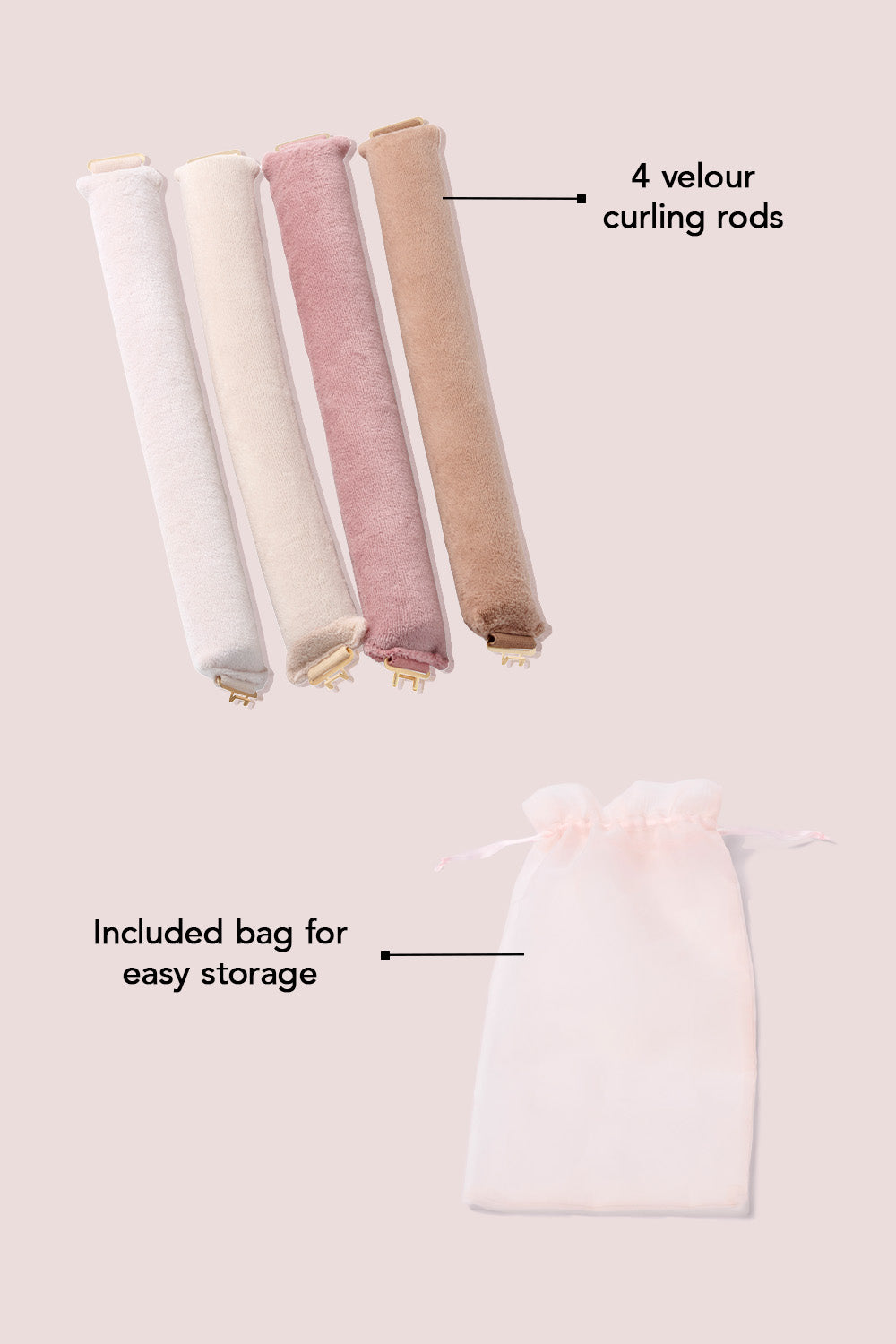 Four velour curling rods with an included storage bag on a light pink background7