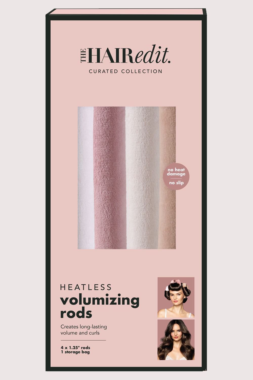 Box of Heatless Volumizing Rods by The Hair Edit on a pink background8