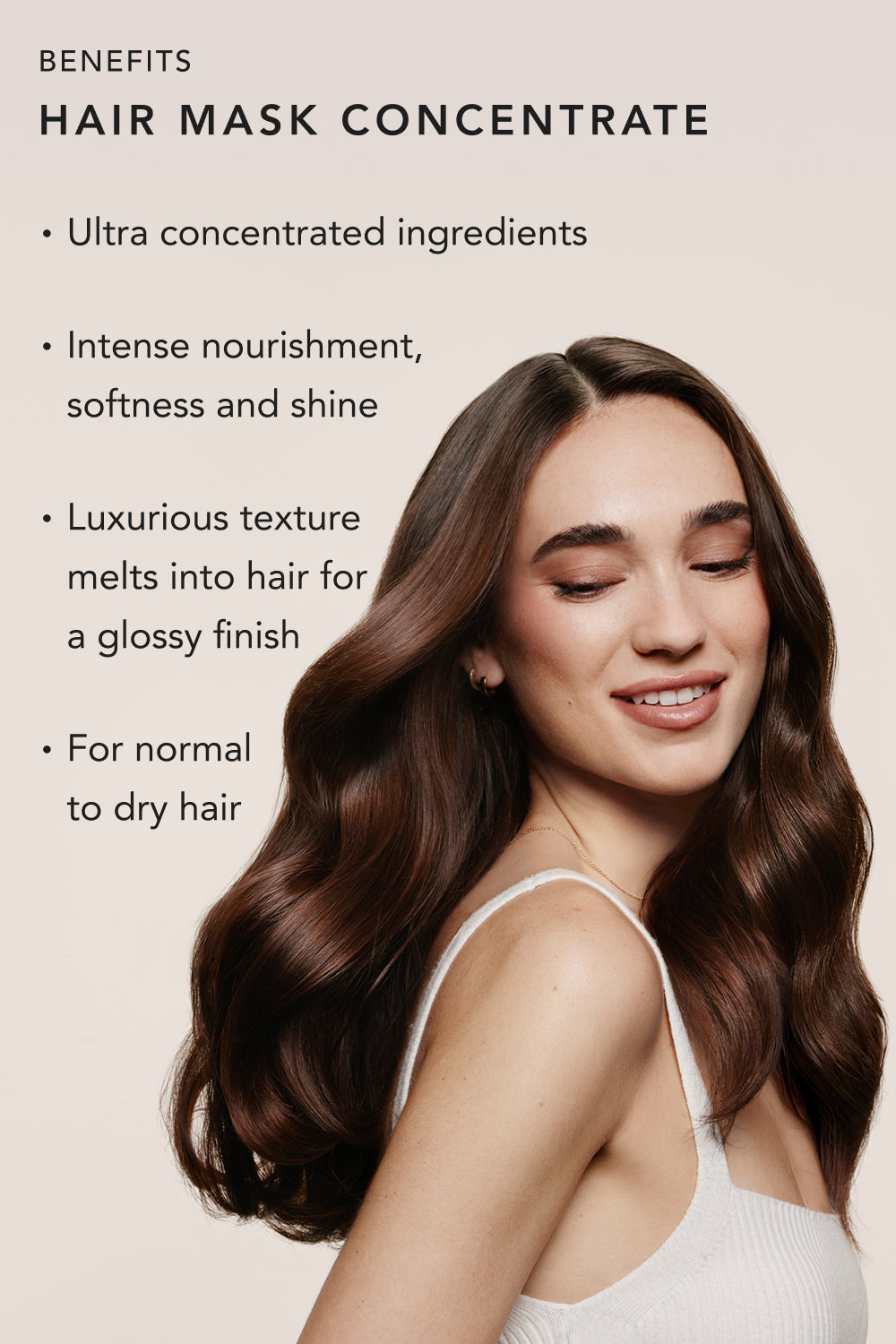 Hair Mask Concentrate infographic with a woman with long brown hair and product benefits listed3