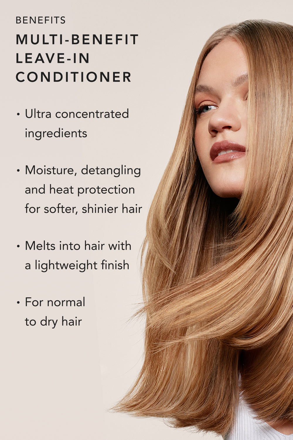 Multi Benefit Leave-In Conditioner infographic with a woman with long blonde hair and product benefits listed3