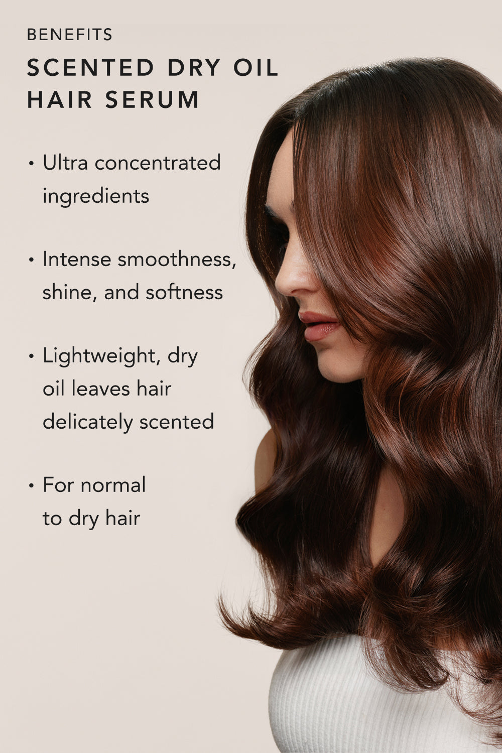 Scented Dry Oil Hair Serum infographic with a woman with long brown hair and product benefits listed3