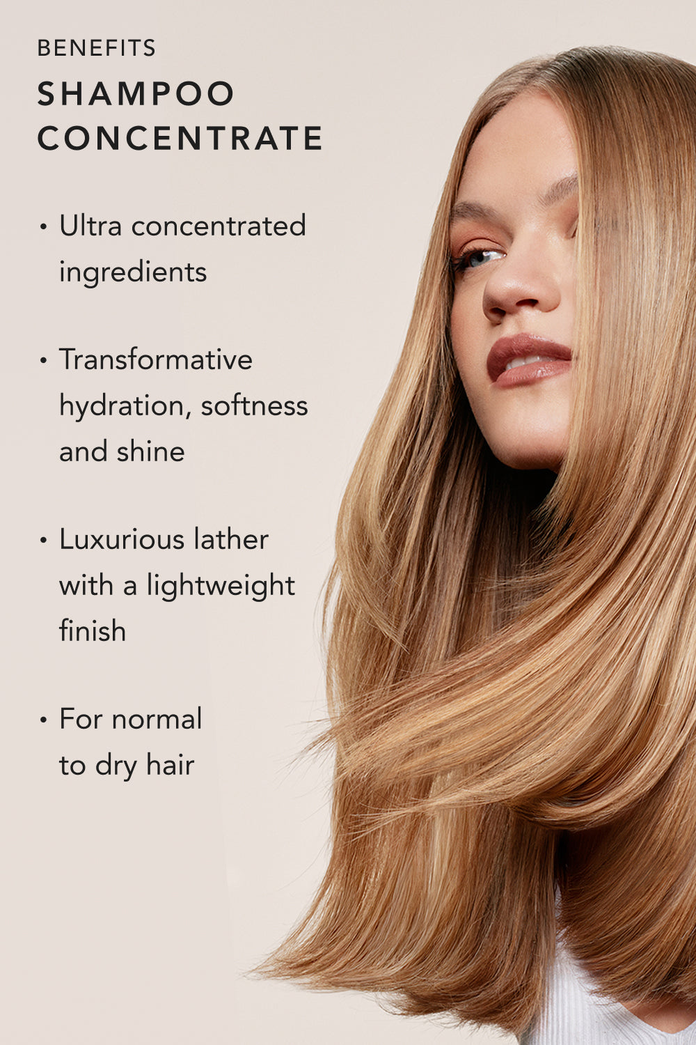 Shampoo concentrate infographic with a woman with long blonde hair and product benefits listed.3
