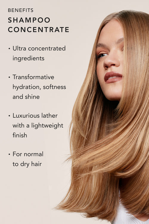 Shampoo concentrate infographic with a woman with long blonde hair and product benefits listed.