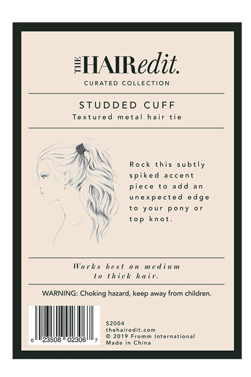 The Hair Edit Hair Accessories Ponytail Studded Cuff Textured Metal Hair Tie in Soft Gold Color Packaging Rear