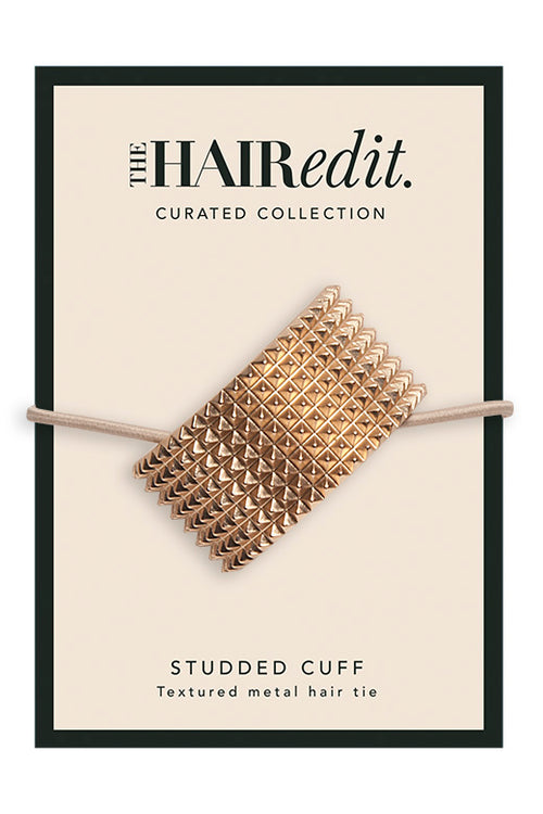 The Hair Edit Hair Accessories Ponytail Studded Cuff Textured Metal Hair Tie in Soft Gold Color Packaging Front